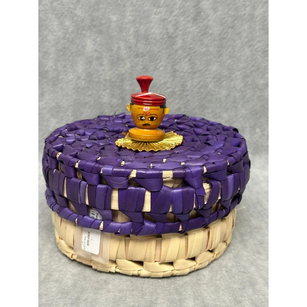 Palm Leaf Basket Purple Natural Woven Lidded Box with Figurine Finial Handcraft